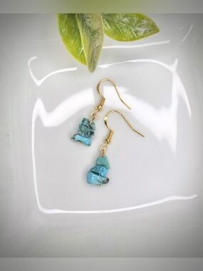 Natural Turquoise Stone Dangle Earrings with Gold Tone 925 Sterling Silver Hooks